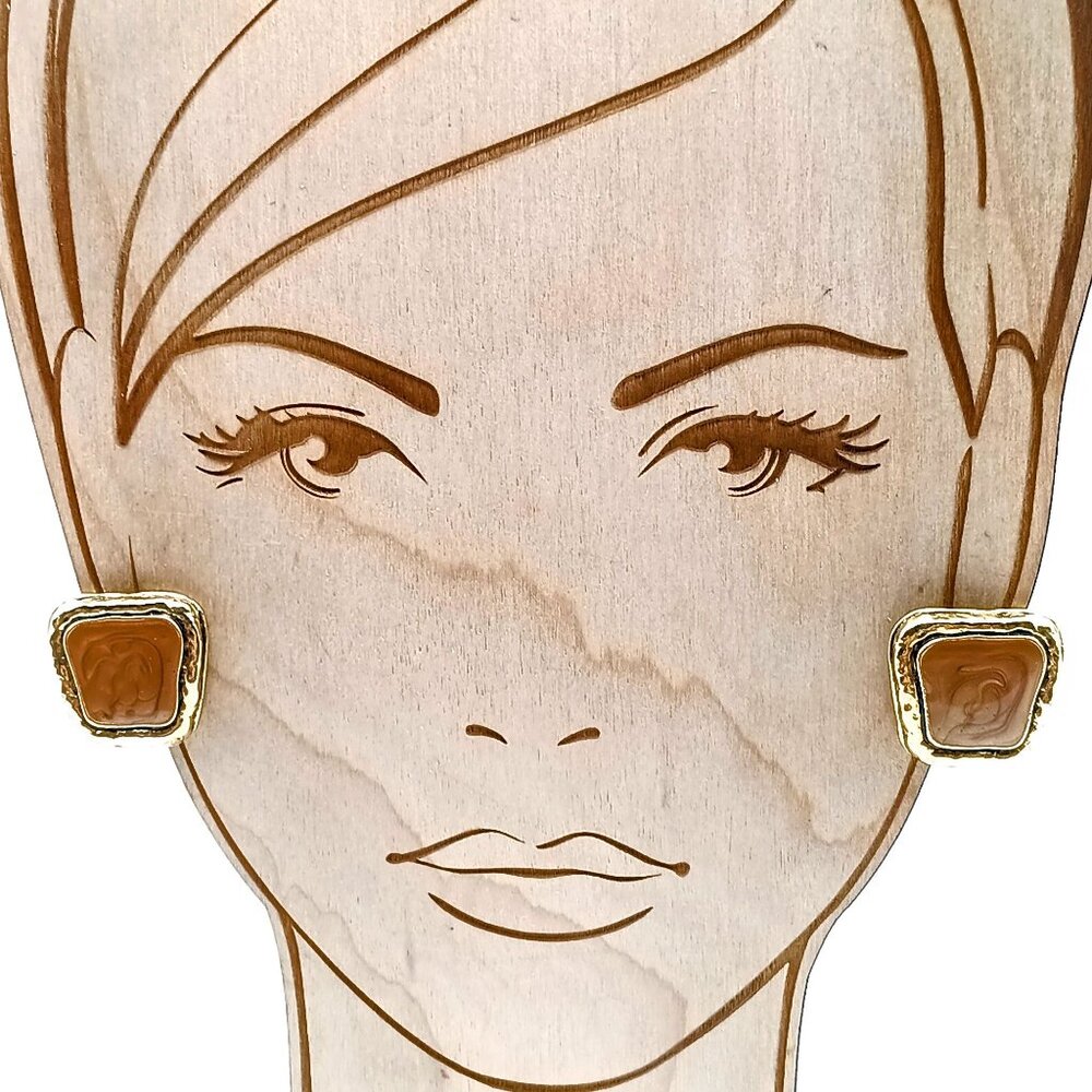 Chic Enamel Stud Earrings, Vintage Swirled Brown on Gold Tone